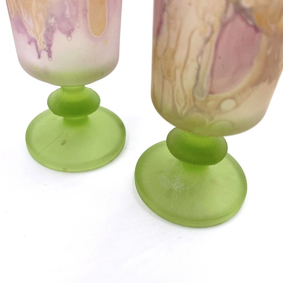 Satin Art Glass Champagne Flutes 2 Painted Frosted Green Textured Stems Cordial - Picture 4 of 6